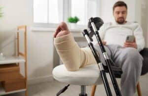 Man recovering from foot surgery at home. His foot is wrapped and elevated on a stool, with crutches nearby